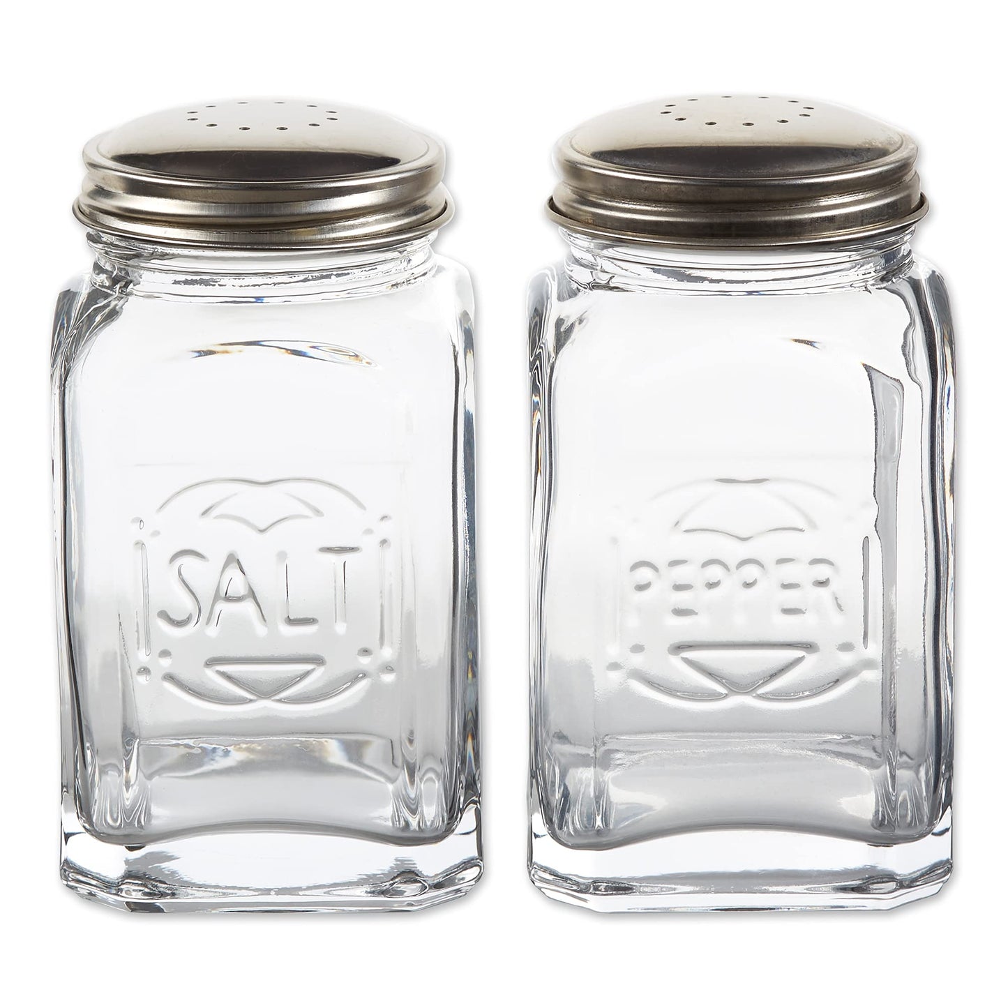RSVP International Jumbo Retro Glass Salt & Pepper Shaker, Screw On Stainless Steel Lid, Each Shaker Holds 8 Ounces, Clear, 2.25x2.25x4.3, 2 Piece