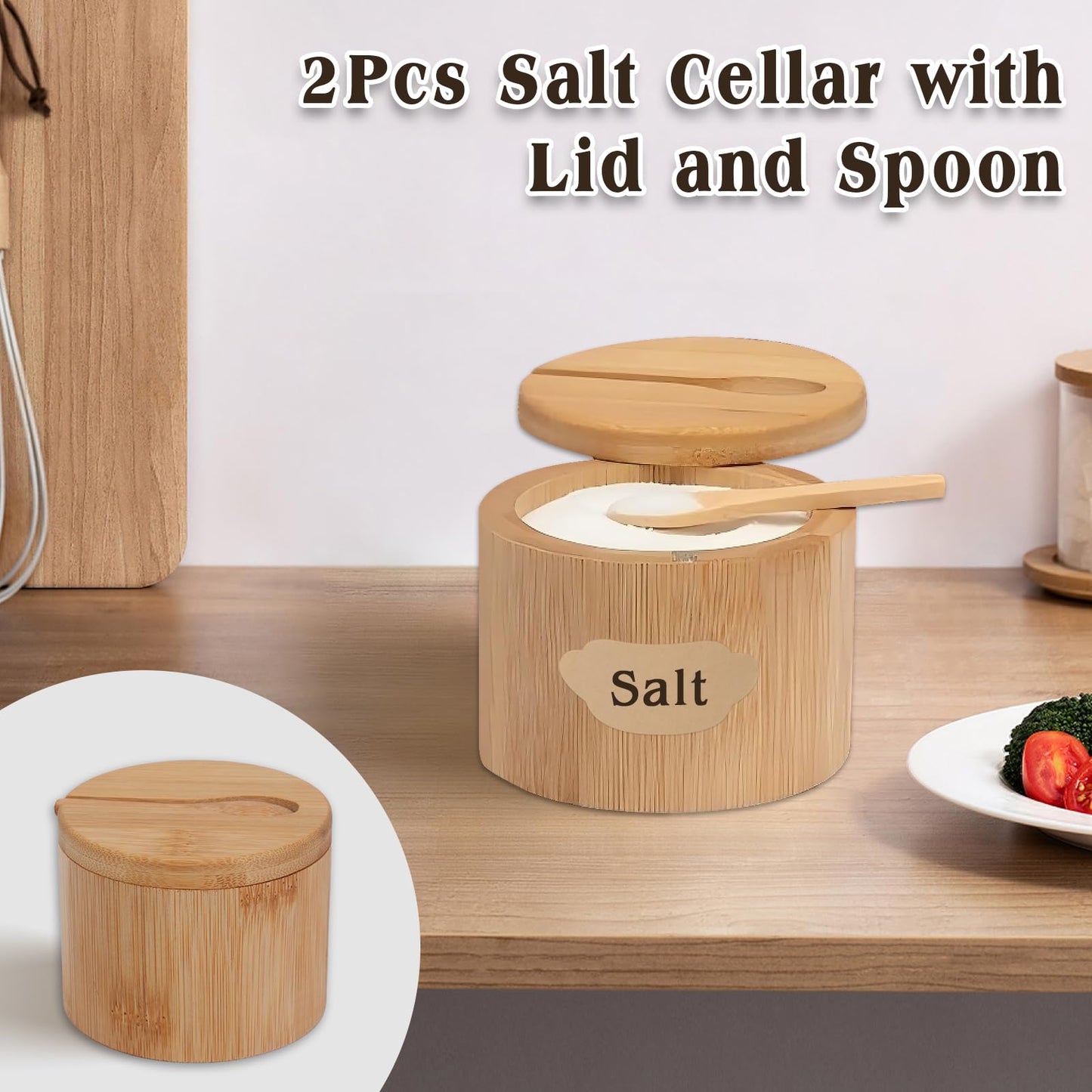Mulaibdin 2Pcs Salt Cellar, 6 oz Salt Container with Lid and Spoon, Round Salt and Pepper Bowls Storage Box for Countertop Spice Sugar (Style1)