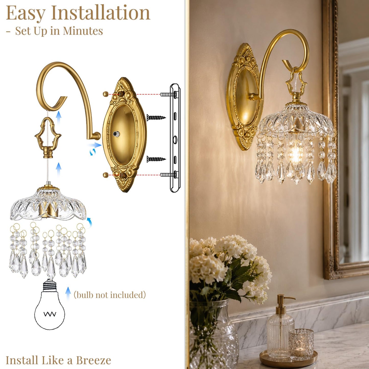 Hamilyeah Crystal Wall Sconces Set of 2, Gold Hardwired Wall Sconce with Faceted Glass Shade and Crystal Drops, Vintage Victorian Brass Wall Light Fixture for Bedroom, Living Room, Hallway, Entryway