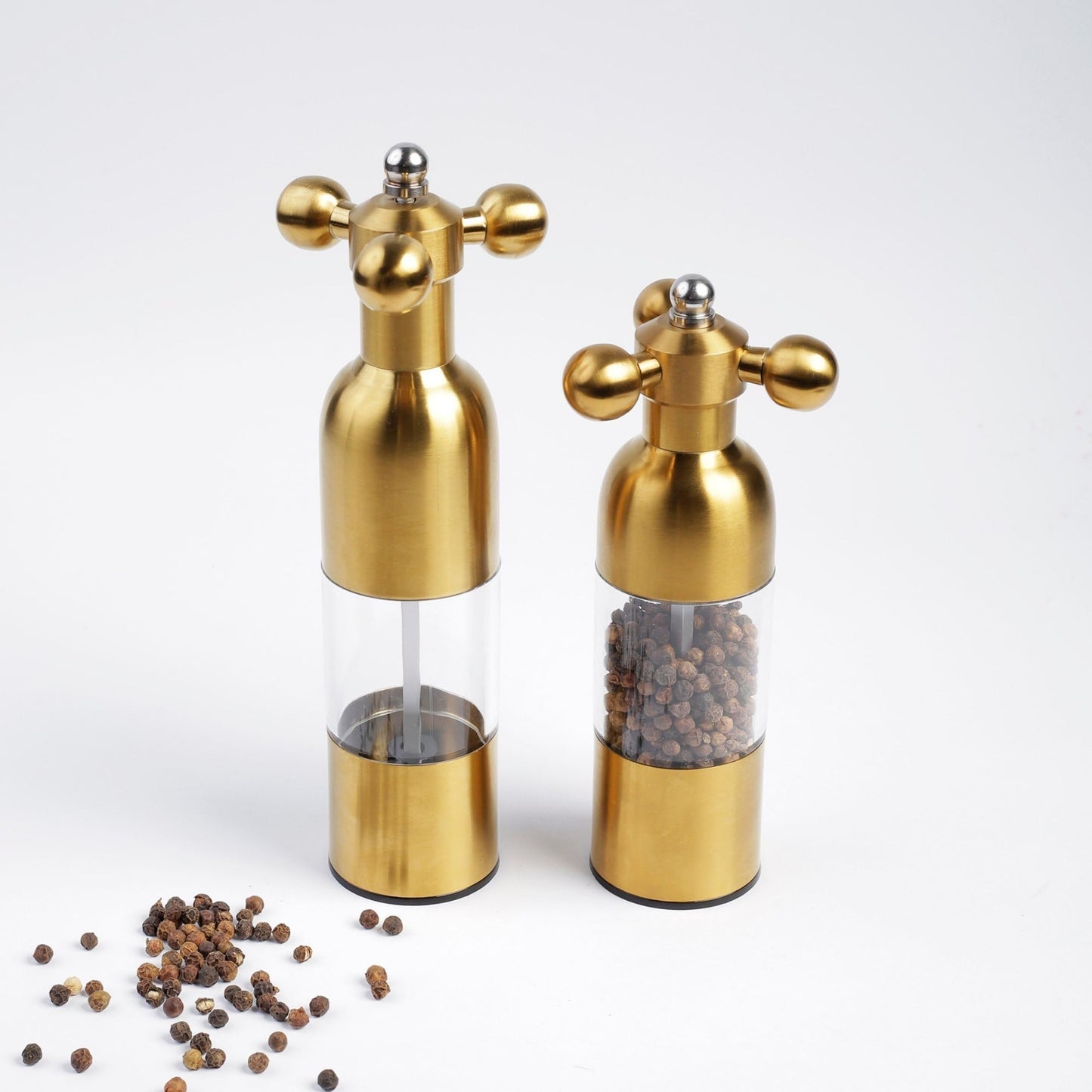 (Gold,2PCS) Salt, Pepper Modern Manual Grinder Set with Solid Handle - Stainless Steel Juego de Molinillo Dorado/Antique Faucet Shakers | Refillable Adjustable Coarseness Mill for BBQ Restaurant, Home