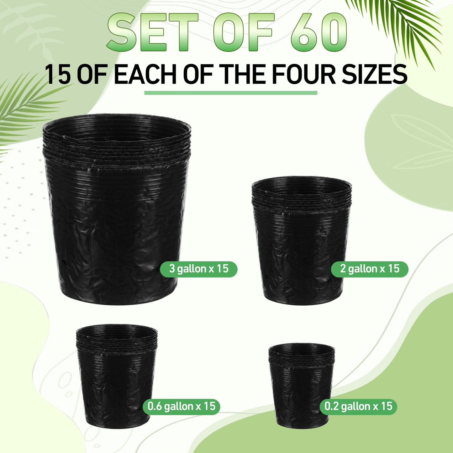 Ferrochef 60 Pcs Nursery Bags 0.2 & 0.6 & 2 & 3 Gallon Thicken Soft Plastic Seedling Pots Seed Plant Bags with Drainage Holes for Large Flowers Trees Vegetables Indoor Outdoor Women Gardening Gifts