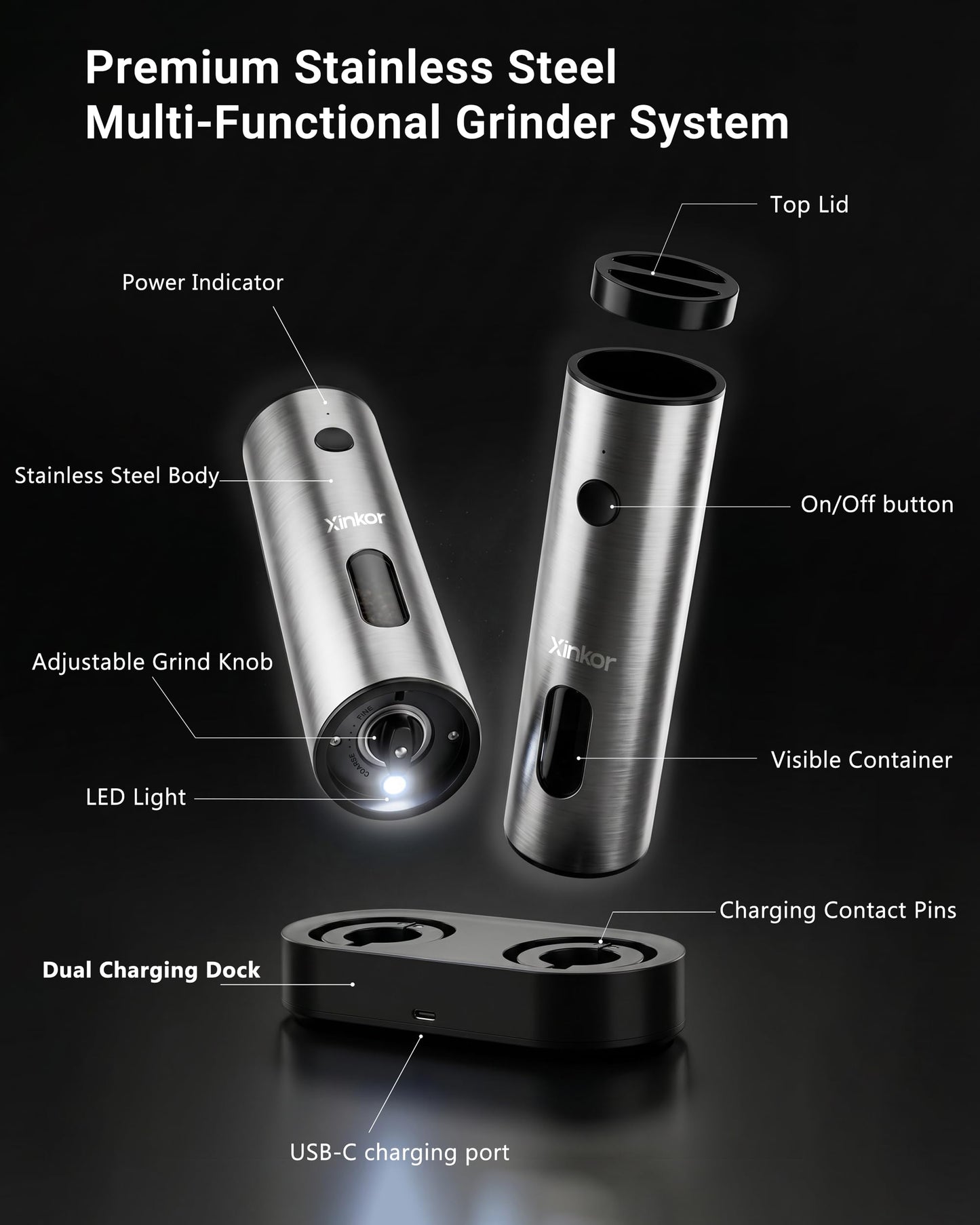 XINKOR Electric Salt and Pepper Grinder Set with USB-C Charging Base, Stainless Steel Automatic Rechargeable Salt and Pepper Grinder with LED Light & Large Capacity, 6 Adjustable Coarseness Settings