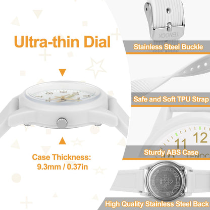 TENOCK Kids Analog Watches for Girls Boys Kids Watches with Soft Band Learning Time 50M Waterproof Children Watch Easy to Read for Ages 3-10 Children Great Birthday Gifts (White)
