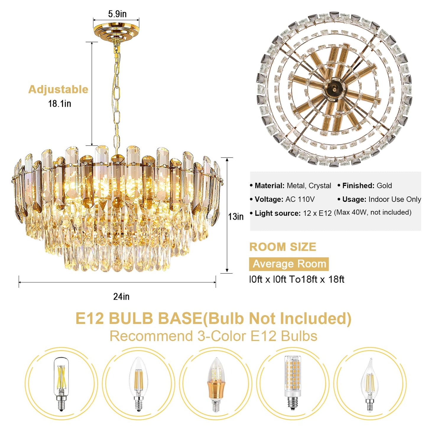 Vodcrindax Gold Crystal Chandelier 24" 12-Light 4-Tier K9 Crystal Round Adjustable Pendant Light Modern Crystal Chandeliers for Dining Room Living Room Kitchen Island Bedroom Foyer Entryway