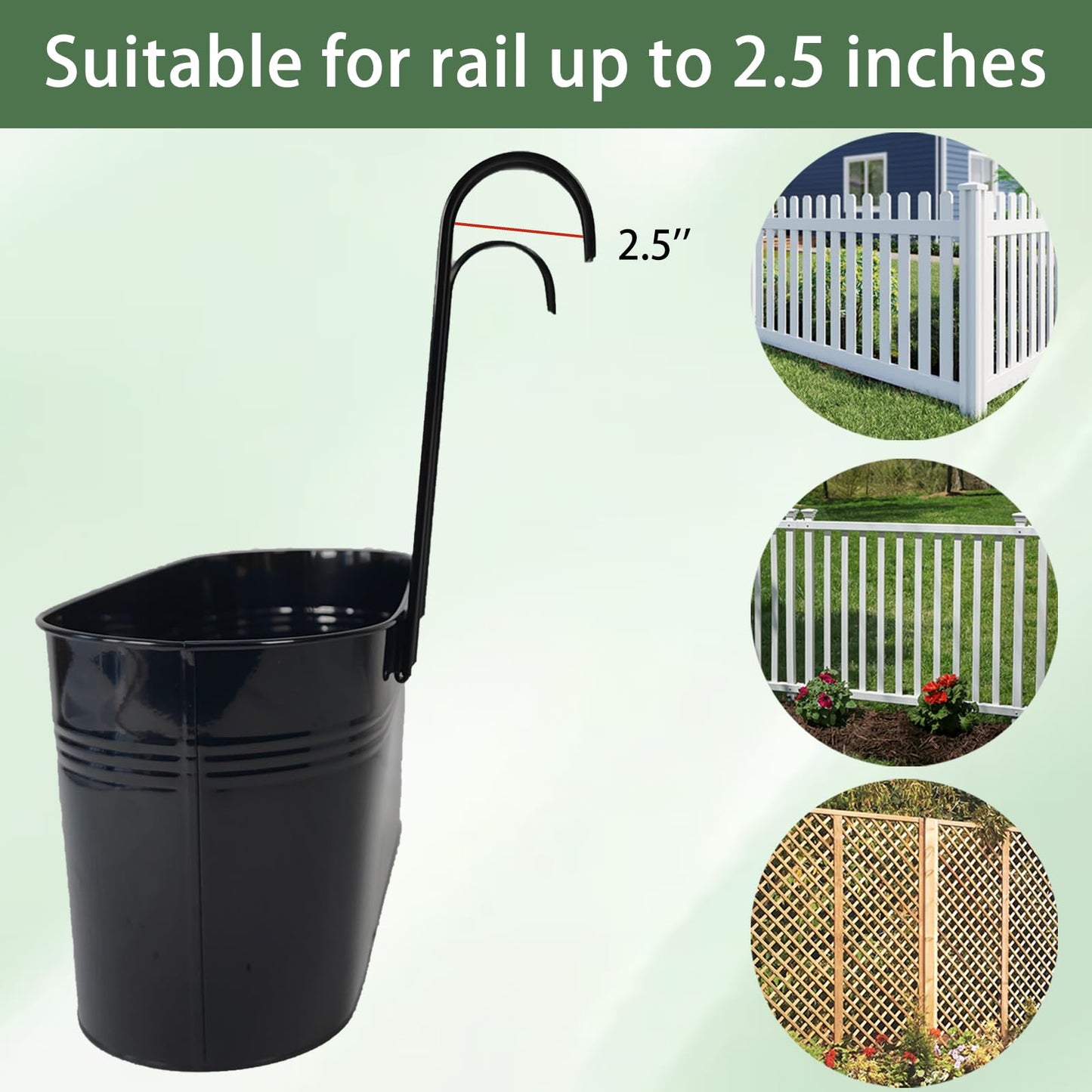 Joyfernal Hanging Planters for Outdoor Plants, 17" Railing Planter Pots, Metal Fence Flower Pot for Porch Balcony with Detachable Hookt (Black, Pack of 8)