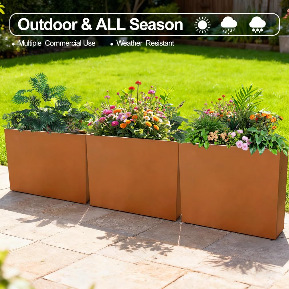 Megawodar Metal Tall Long Planter Box Large Rectangular Planter Flower Pot with Drainage Holes for Indoor Outdoor Deck Porch Garden Home Patio Front Door (Rusty Orange, 36" L x 10" W x 28" H)