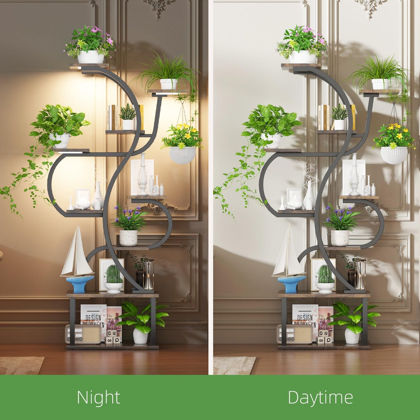 runjuly Plant Stand Indoor with Grow Light, 9 Tiered Indoor Plant Stand, 68" Tall Flower Stand Plant Shelf Indoor, Double S Shape Plant Holder, Versatile Plant Hanger for Living Room, Bedroom, Patio