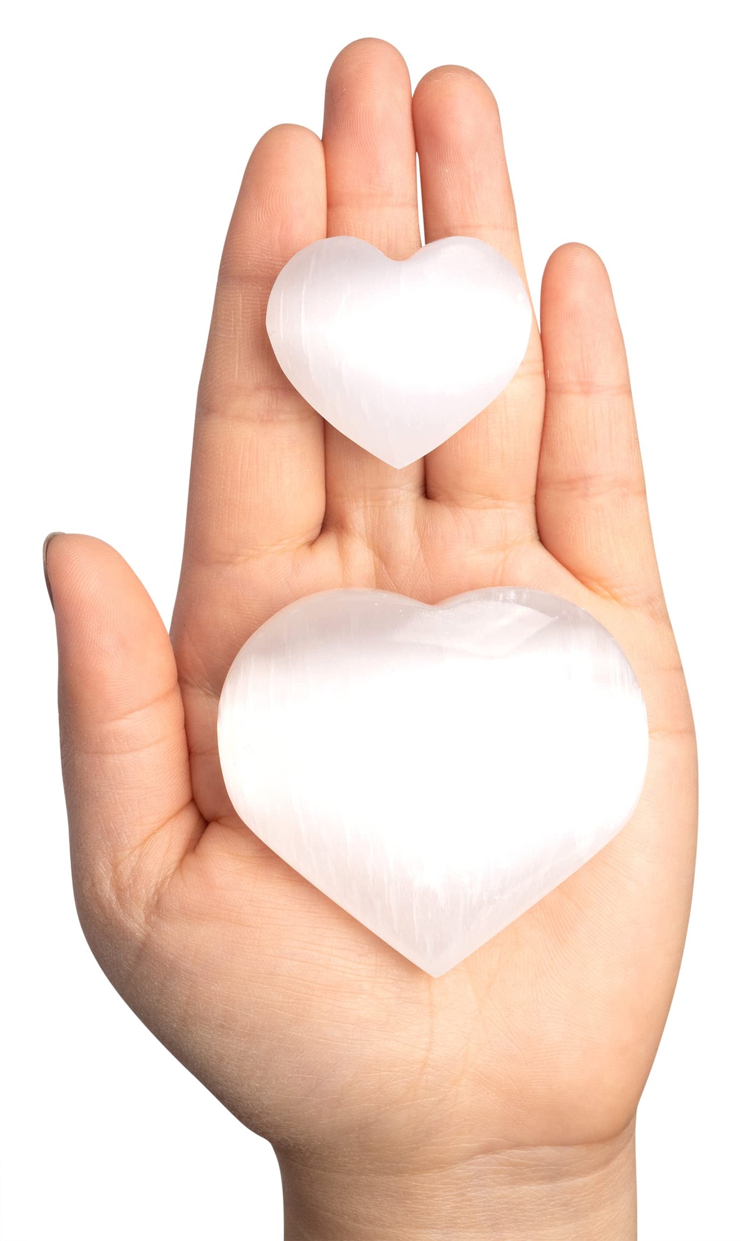 2 pc Selenite Heart Palm Stone, Heart Shaped Crystals and Healing Stones- Pocket Worry Stone for Anxiety and Stress Relief - Healing Crystals for Meditation, Reiki, Spiritual and Crystal Gifts