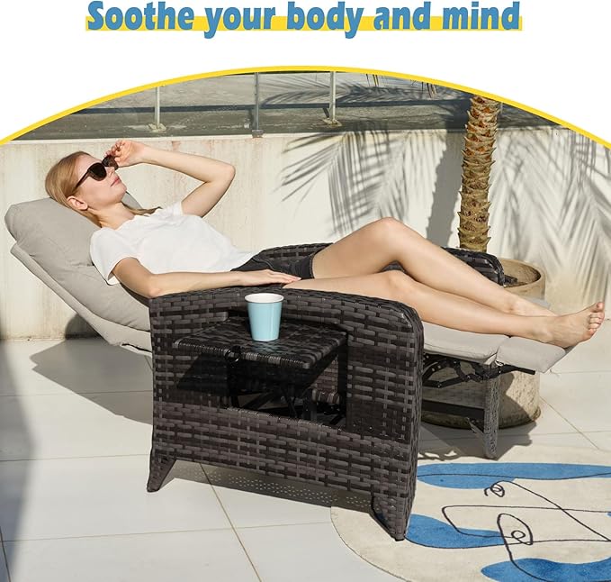 Outdoor Recliner Chairs Set of 2 Reclining Patio Chairs with Adjustable Back and Extended Footrest Wicker Rattan Recliner Chairs with Flip Table and Removable Cushion