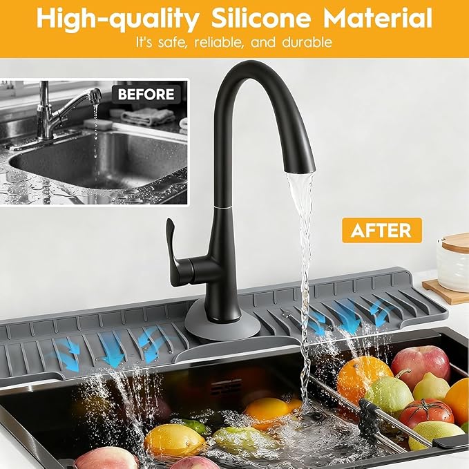 16" Silicone Faucet Mat for Kitchen Sink Released in 2025/12TH, 8° Slope Fast