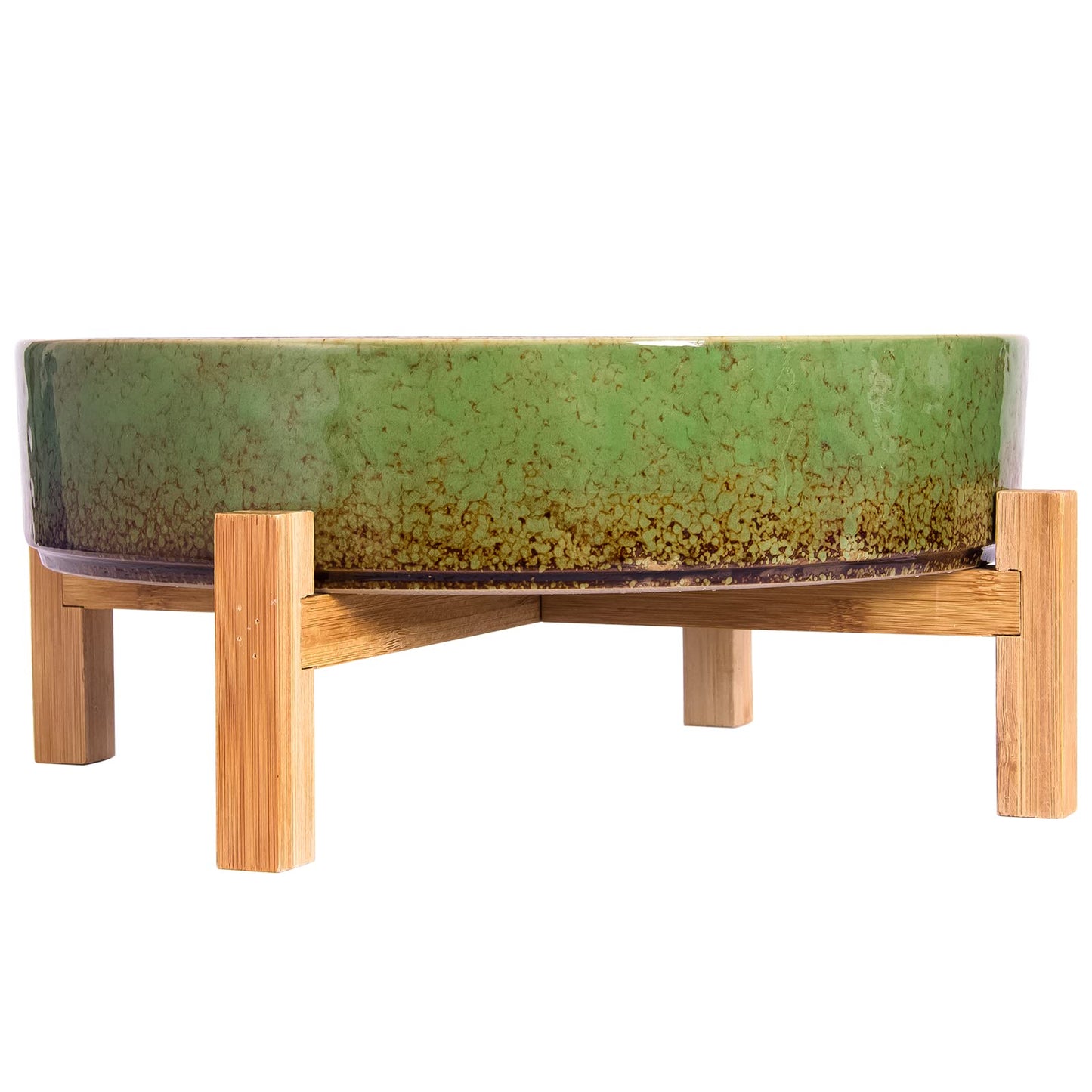 ARTKETTY Succulent Planters - 11 Inch Large Succulent Pots with Drainage, Ceramic Bonsai Pots with Bamboo Stand Shallow Planters for Indoor/Outdoor Plants Modern Cactus Flower Planter Bowl (Green)