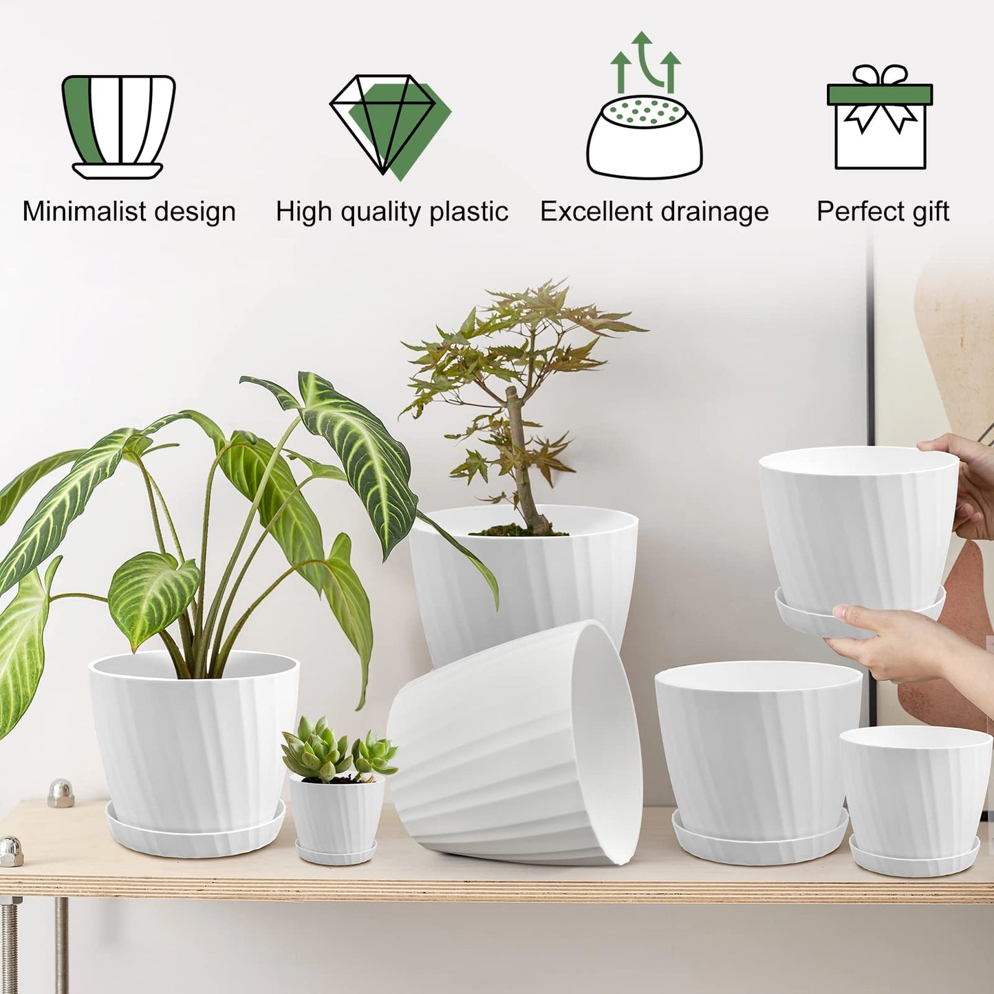 YNNICO 7 pcs Plant Pots with Drainage Holes and Saucers, Indoor Planters, Set of 7 (7.5, 7, 6.5, 6, 5.5, 4.5, 3.5 Inches), White
