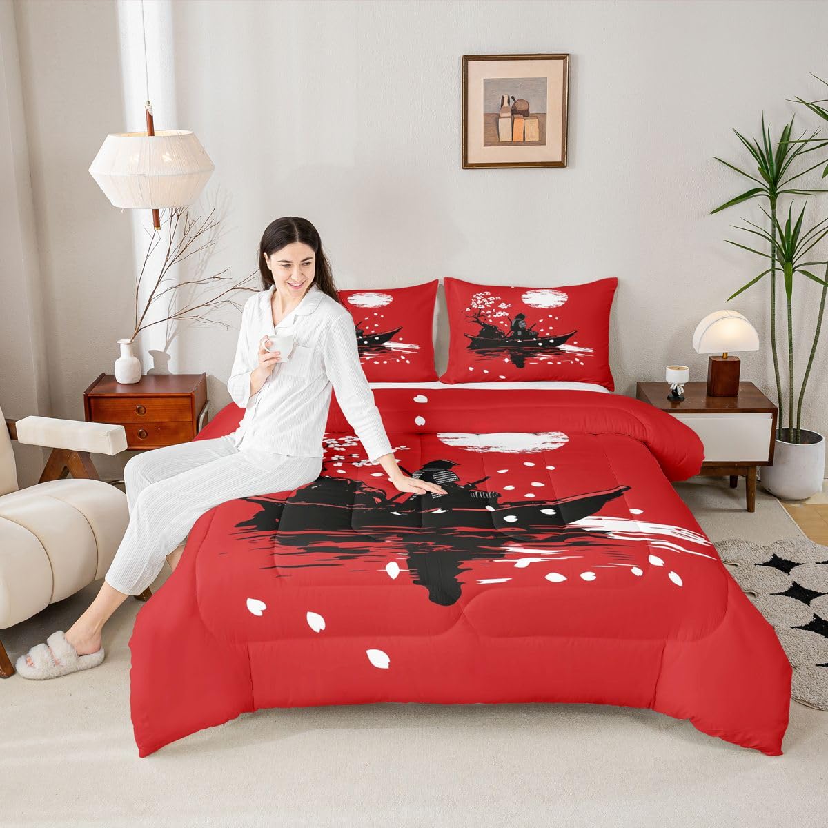 jejeloiu Japanese Samurai Comforter Set All Season Cherry Blossom Bedding Set with 2 Pillow Cases Red Sun Microfiber Kids Queen Bedclothes Japanese Ukiyoe Bedroom Decor Duvet Quilt Breathable Soft