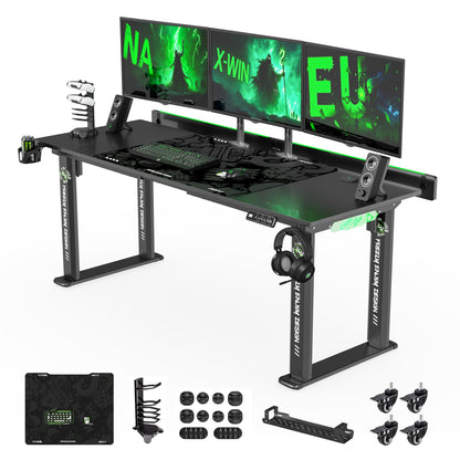 Klobel 71" Gaming Standing Desk for Gamers & Streamers, 4-Leg Electric Sit Stand Desk with LED Lights, Flip-Top Cable Management, Stable Computer Desk with Wheels