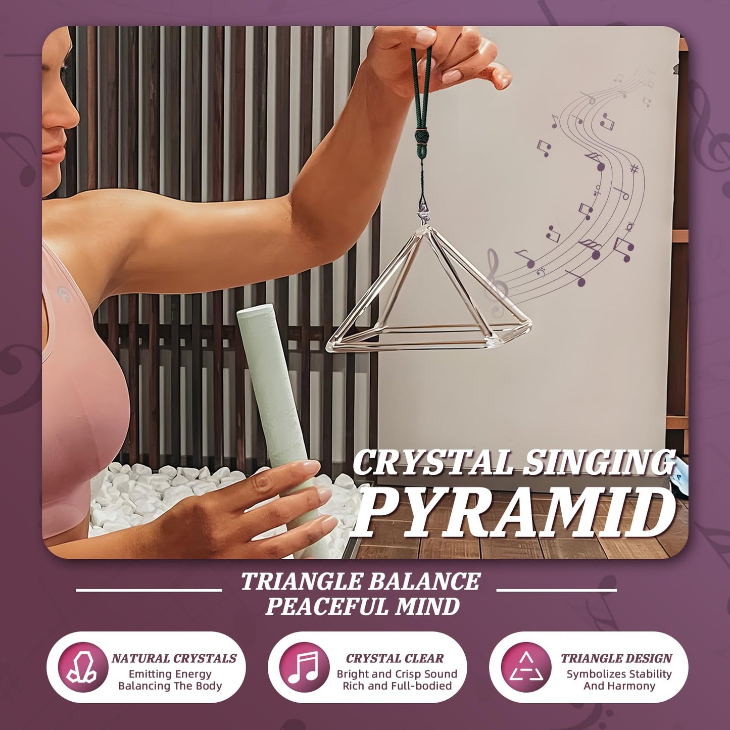 WENSYING Crystal Meditation Pyramid 8 Inch Singing Bowls Crystal Musical Instrument Geometric Tripod Yoga Meditation Wind Chime Percussion Instrument With Percussion Stick