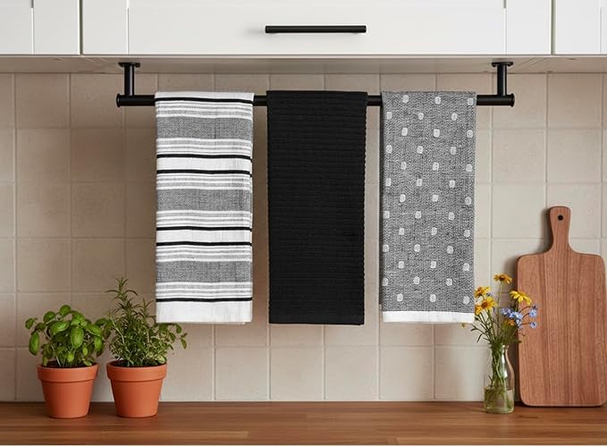 Black White Kitchen Hand Dish Towels: Oversized 28" x 16", 100% Cotton Cloth