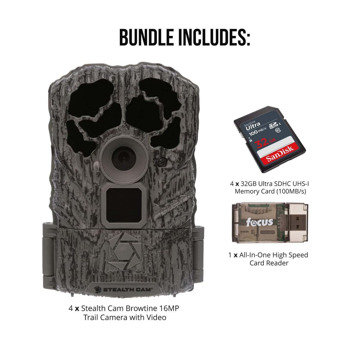 Stealth Cam Browtine 16MP, Durable, 60 Feet Infrared Detection Range, and Burst Mode Trail Camera (4-Pack) Bundle with USB 2.0 Card Reader, and Four 32GB Ultra SDHC UHS-I Memory Card (9 Items)