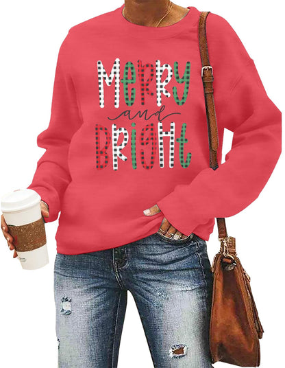 Christmas Sweatshirt Women Merry And Bright Christmas Pullover Shirt Novelty Chenille Patch Xmas Gift Holiday Top Pink