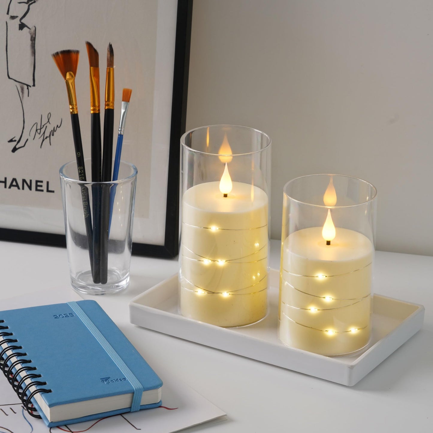 Da by 3 Pack Ivory Transparent Acrylic Flameless Taper Candles, Flickering Black Wick LED Candles with Fairy String Lights, Heat Resistant ABS Candles with Remote for Home Patio Decor