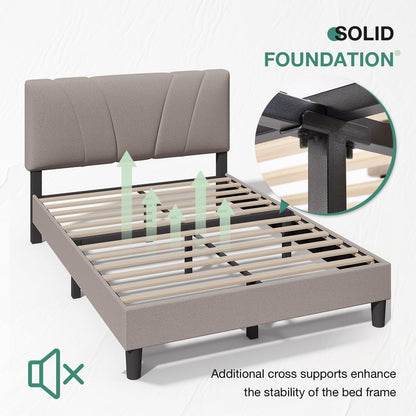 Novilla Full Size Bed Frame with Adjustable Headboard Platform Full Bed Frame with Linen Fabric Upholstered Headboard, No Box Spring Needed, Noise-Free, Wooden Slats Support, Easy Assembly, Beige