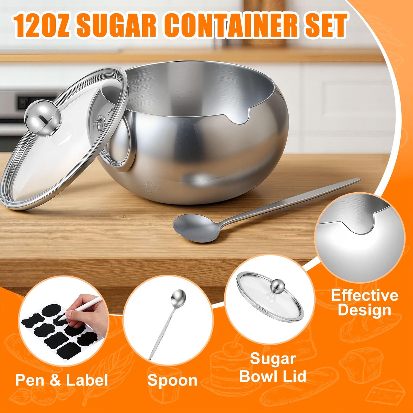 LemonRoad 2 Set 12oz Sugar Bowl with Lid and Spoon Stainless Steel Spice Container with Labels and Pen Kitchen Sugar Holder Jar Countertop Storage Accessories for Salt Coffee Tea Candy Cube