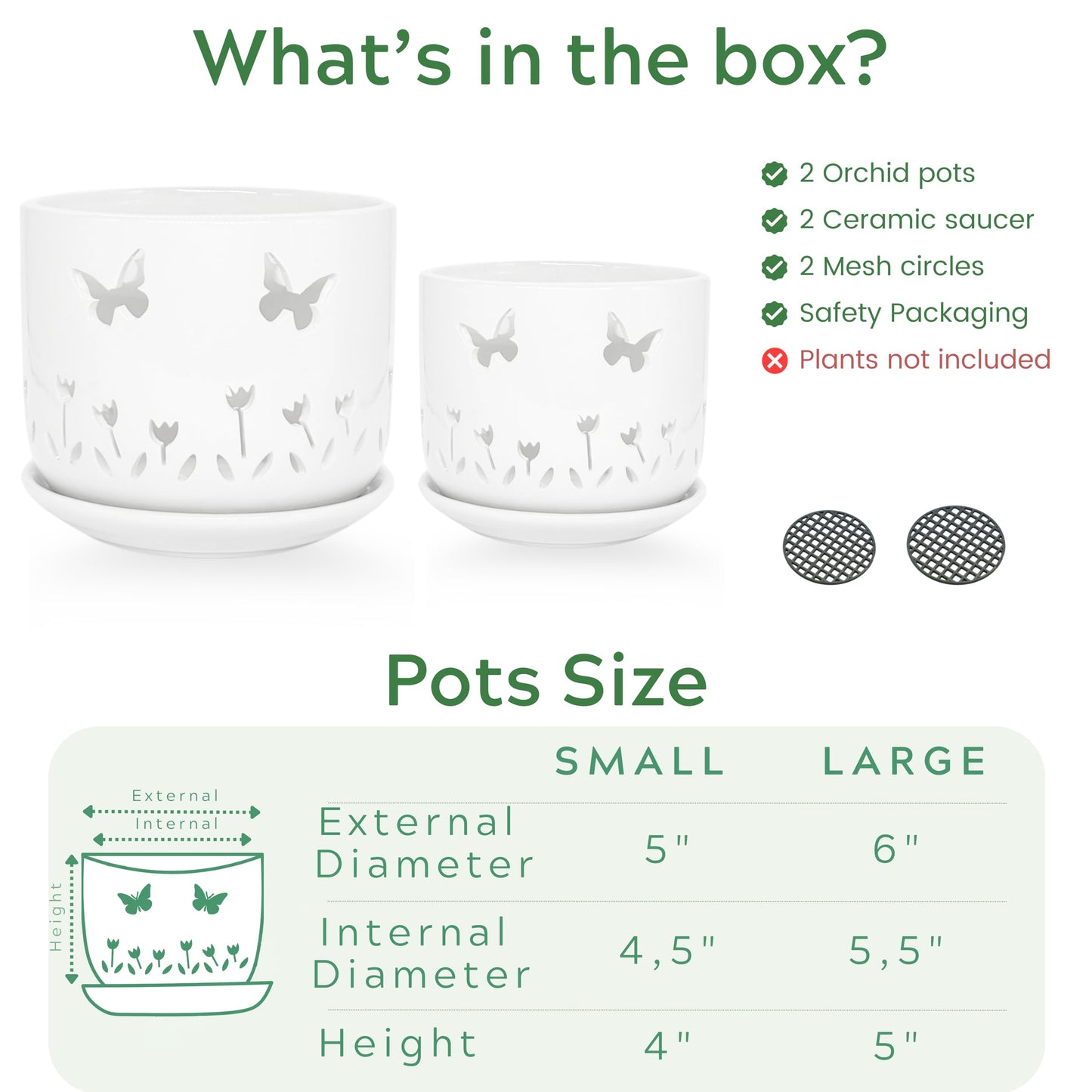 Thriving Thicket 2 Pack, 5 + 6 Inch White Orchid Pots with Butterflies and Tulips Holes and Saucer, Ceramic Orchid Planters for Repotting with Drainage Holes and Tray Indoor Outdoor, Butterfly Gift