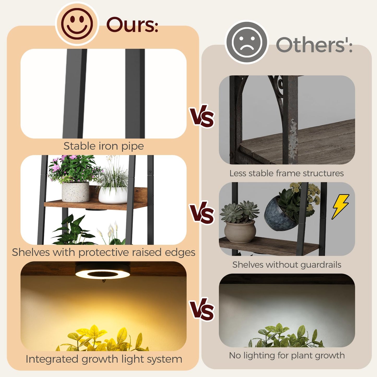 MAHANCRIS Plant Stand with Grow Light, 5 Tier Plant Shelf with Timer for Indoor Plants, Ladder Shape Flower Rack with Raised Back Edges, for Living Room, Balcony, Rustic Brown and Black PSHR05E01