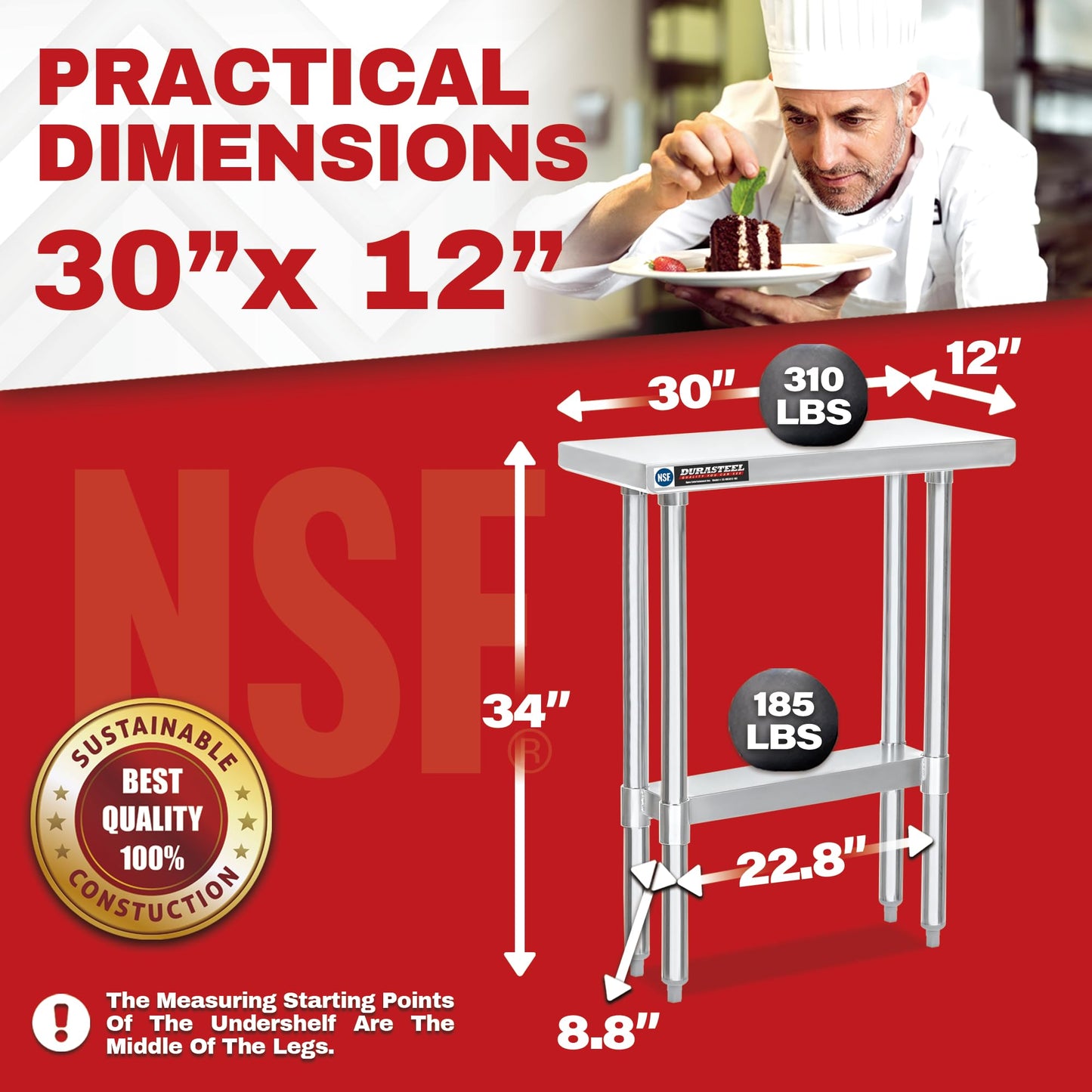 DuraSteel 30x12 Narrow Stainless Steel Table - NSF Small Food Prep Worktable - Counter Height Metal Side Station with Under Shelf - For Laundry Room, Kitchen, Outdoor Grill, Small Spaces
