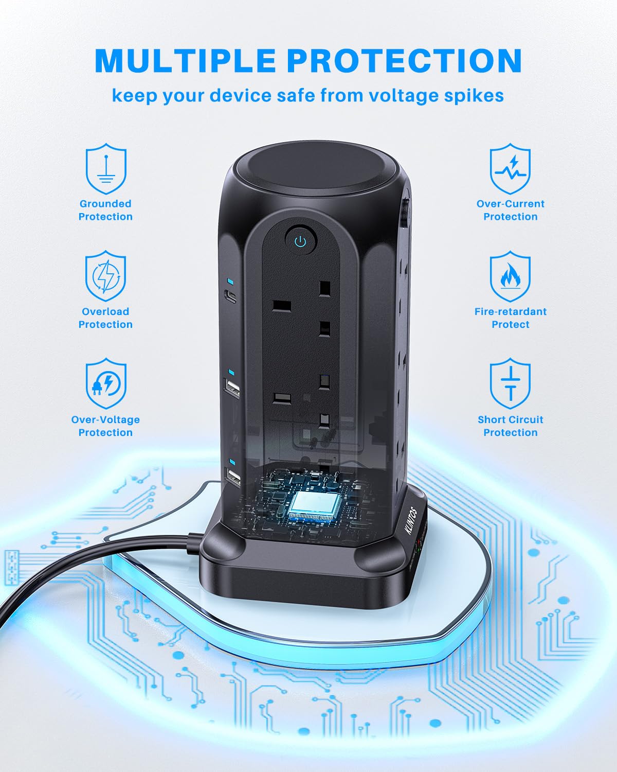 Tower Extension Lead 2M, 12 Way Extension Tower with 6 USB Slots (2 Type C & 4 USB A), [13A 3250W]Surge Protection Extension Lead with 4 Independent Switches, Multi Plug Extension for Home, Office