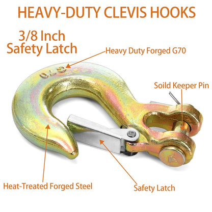 Lawei 6 Pack 3/8 Inch Clevis Slip Hook with Safety Latch, G70 Forged Steel Chain Hooks, Heavy Duty Solid Tow Hook for Truck Trailer Winch Transport, 18,000lbs Capacity, Yellow Zinc Coated Hooks