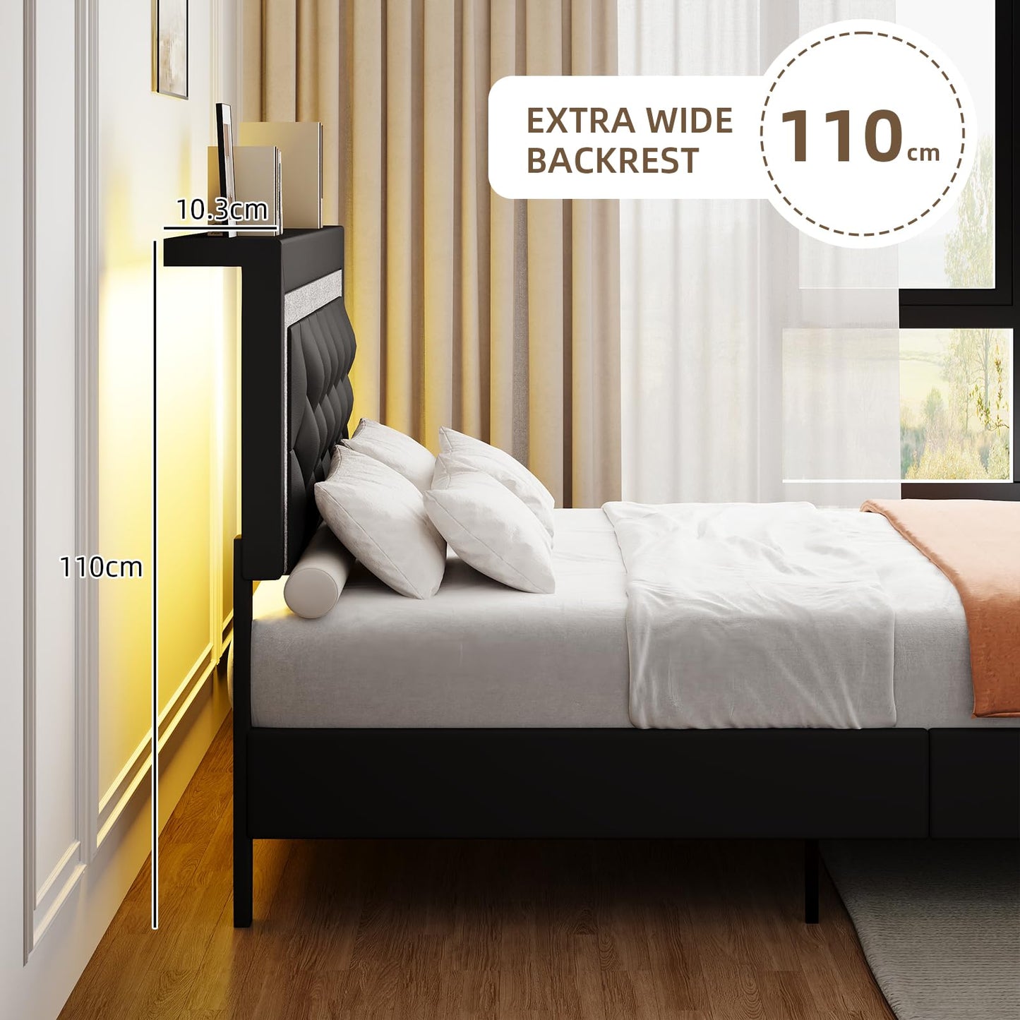 BarnFurin Full Size Bed Frame with Storage Headboard, Full Size Bed Frame with Headboard Diamond Tufted and LED Lights, Wooden Slats Support, Noise Free, No Box Spring Needed, Easy Assembly, Black