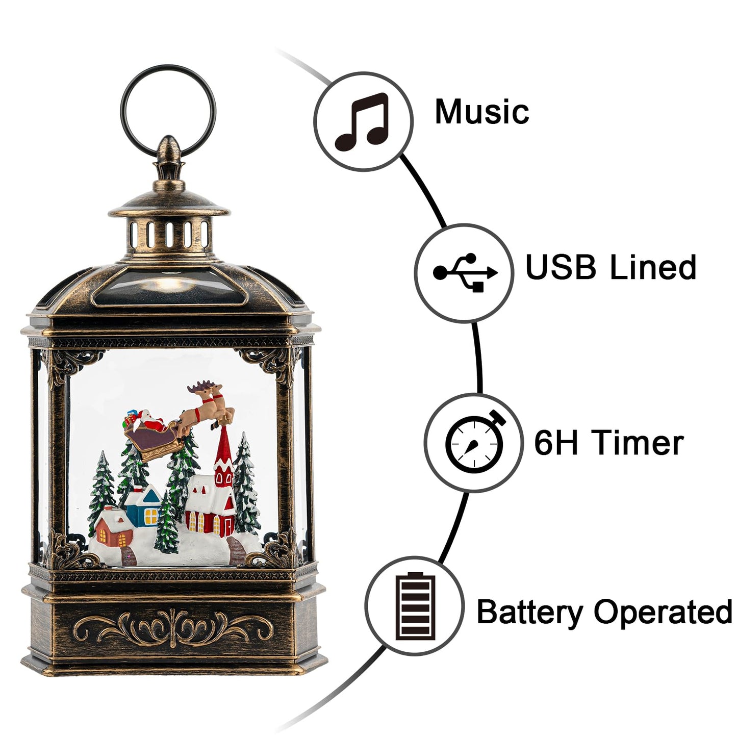 VISFLAIR Christmas Snow Globe Lighted Church & Flying Santa Scene, Musical Snow Water Lantern Swirling Glittering Home Decoration and Gift, Battery Operated or USB Powered