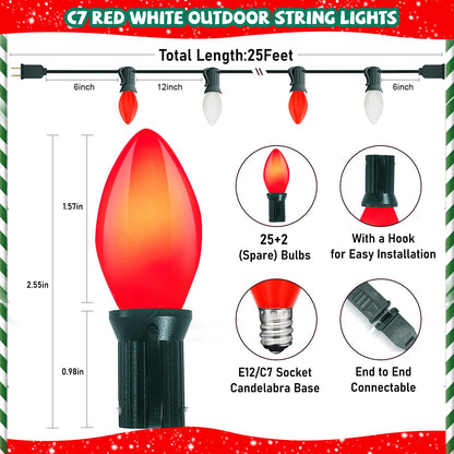 Konictom C7 LED Red and White Christmas Lights,25ft Outdoor String Lights with 27 Red White LED Bulbs(2 Spare),Connectable Outside Christmas Lights for Xmas Tree Party Roof Decoration,Green Wire