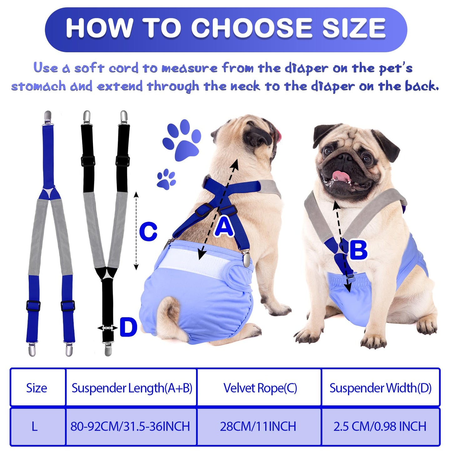 Saintrygo 2 Pcs Dog Suspenders for Diapers Female Male Belly Bands Canine Harness Keep Diaper on Your Pet for Small Medium and Large Dogs(Black, Blue,Large)