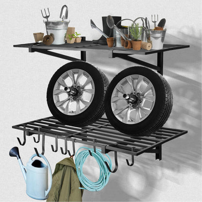 BTRAM 2 Pack Heavy Duty Garage Wall Shelving, 2' x 4' wall mount storage shelf, Holds 200 lbs Each, Garage Shelving Wall Mounted, Storage Rack with Hooks (Black)