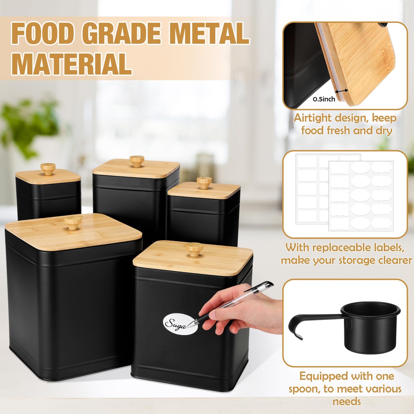 Buryeah 5 Pcs Kitchen Canisters for Countertop with Labels Airtight Metal Containers Coffee Tea Sugar Flour Jars with Spoon Farmhouse Big Food Storage Set for Kitchen(Black)