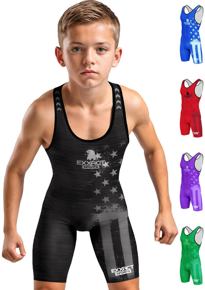 Exxact Sports Patriot Youth Wrestling Singlet For Boys, Premium Powerlifting Singlet, Kids Wrestling Singlets For Training (YXS, Black)