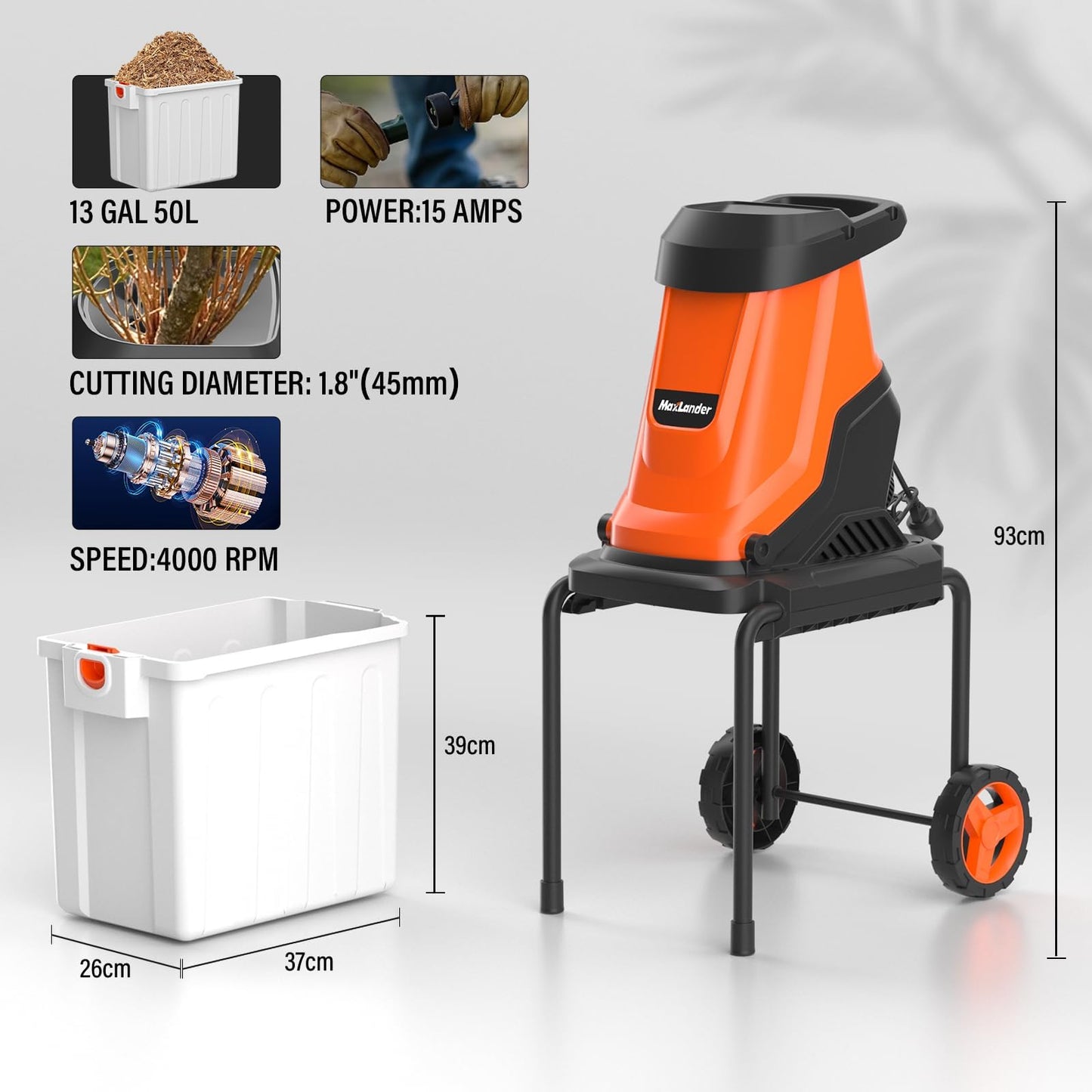 MAXLANDER 15-Amp Electric Wood Chipper Shredder with 50L Collection Bin, 1.8-Inch Cutting Diameter for Yard Waste & Branches, Efficient Mulcher for Composting, 15:1 Reduction Ratio