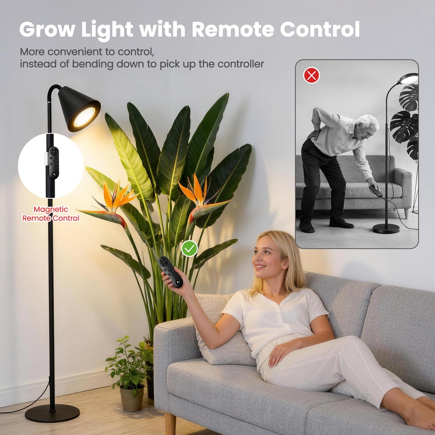 Grow Lights for Indoor Plants, 20W Full Spectrum Growing, 63in Adjustable Height Stand, 4/8/12/16H Auto Cycle Timer, 10 Levels Dimmable Remote Control Standing Grow Floor Lamp for Small to Tall Plant