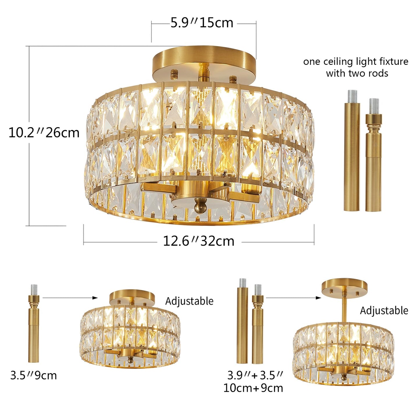 SeeU Modern Crystal Ceiling Light Fixture Brass Semi Flush Mount Ceiling Light Chandelier 4 Heads Crystal Chandelier