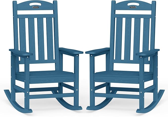 Oversized Outdoor Rocking Chairs Set of 2, High Back Outdoor Rocker Chair, HDPE Rocking Chairs for Patio, 380lbs Weight Capacity, Navy Blue