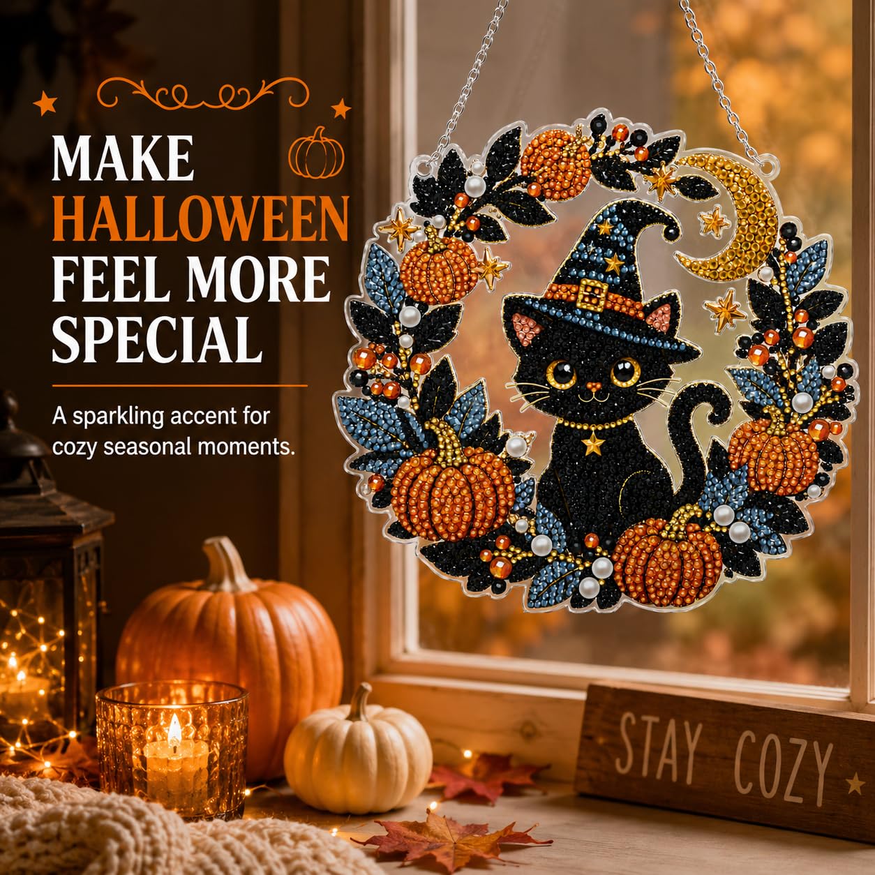 DIY Diamond Art Painting Wreath Kits，Special Shaped Rhinestone Hanging Ornament Diamond Art Window Pendants for Gift Home Garden Wall Hanging Kits,Double Sided (Halloween Black Cat)