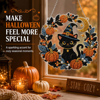 DIY Diamond Art Painting Wreath Kits，Special Shaped Rhinestone Hanging Ornament Diamond Art Window Pendants for Gift Home Garden Wall Hanging Kits,Double Sided (Halloween Black Cat)