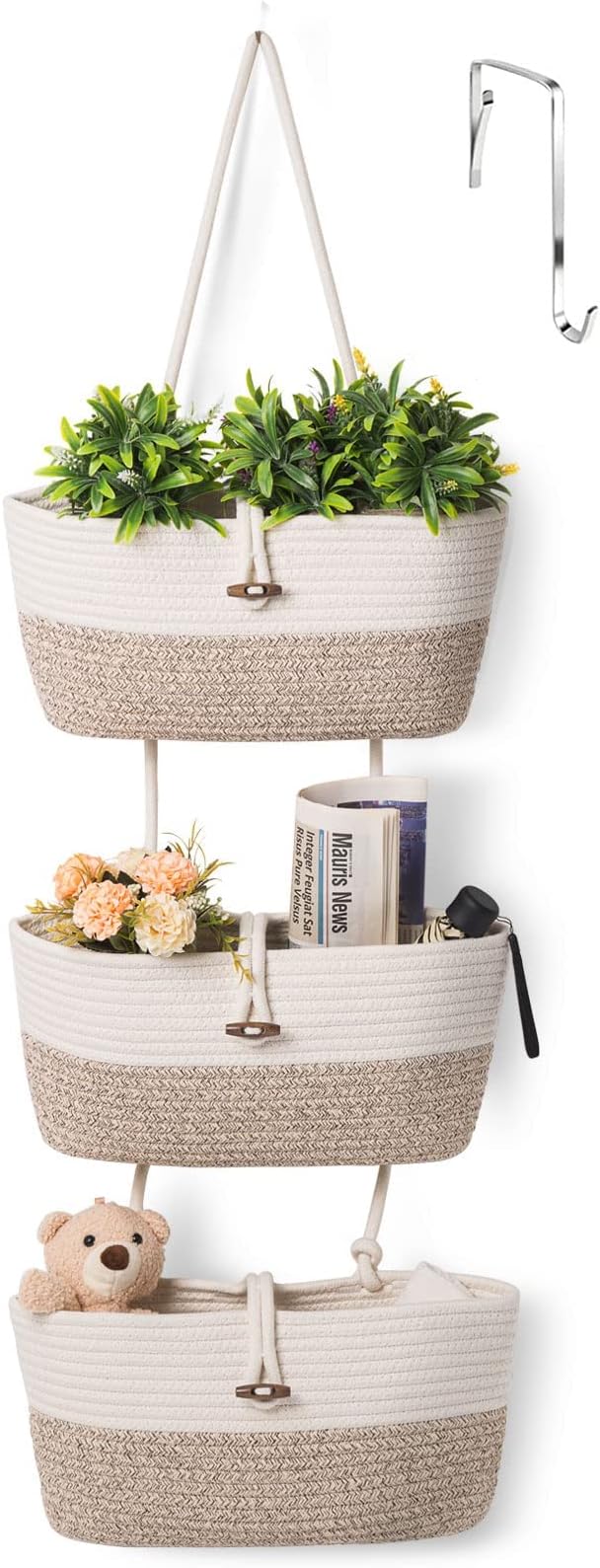 Over the Door Basket Cotton Rope Organizer, 3-Tier Wall Hanging Storage Basket