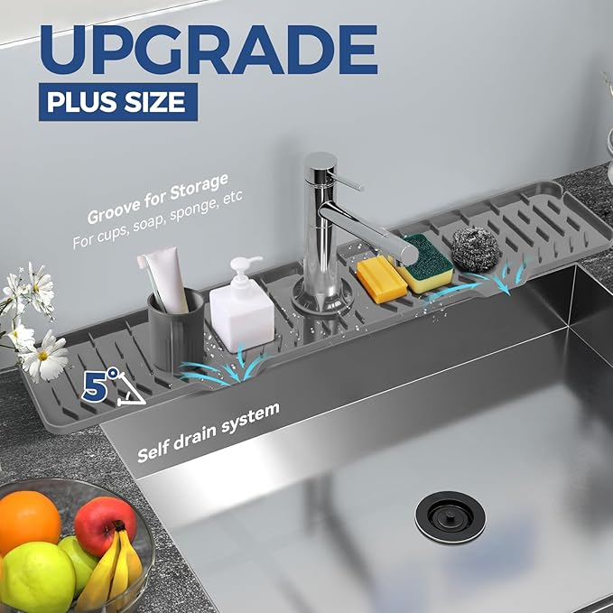 24" Splash Guard Plus Size Silicone Sink Faucet Drying Mat Handle Drip Catcher