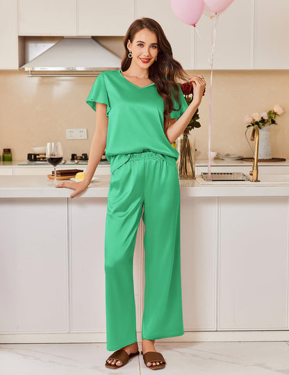 Ekouaer Women's Satin Silky Pajama Set 2 Piece Short Sleeve Shirt with Long Pants Pjs Sets Soft PJ Loungewear S-XXL