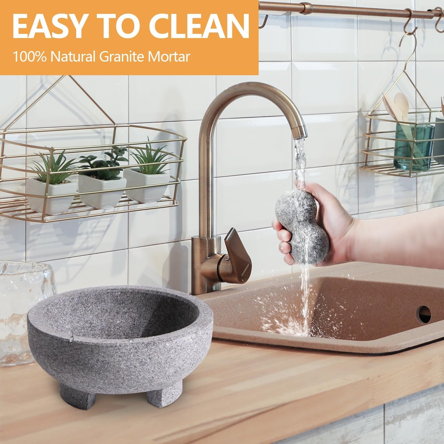 WhiteRhino Mortar and Pestle Set, 4 Cup Natural Unpolished Granite Molcajete Mexicano, 8-in Extra Large Guacamole Bowl, Motar Pestel Stone Grinder for Guacamole, Salsa, Spices, Herbs, Seasonings