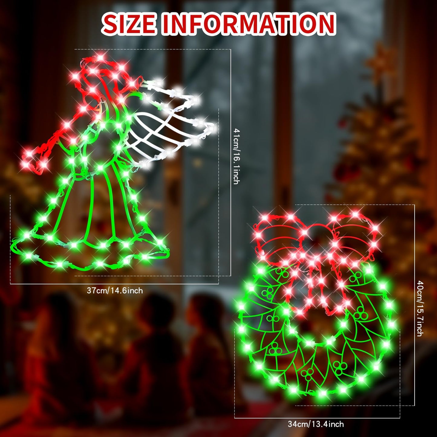 16" Christmas Window Silhouette LED Lights Decorations with Battery Powered, Pack of 2 Sign Lighted Wreath and angel Christmas Window Lights for Indoor Wall Door Glass Decor, window hanging lights