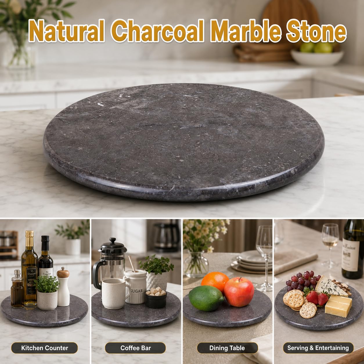Creative Home 12 Inch Natural Charcoal Marble Cheese and Charcuterie Board