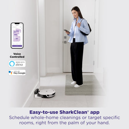 Shark Navigator Robot Vacuum with Bagless 30-Day Capacity Self-Empty Base, Powerful Suction, SmartPath Navigation, Self-Cleaning Brushroll, for Carpets & Hard Floors, White, AV2110S